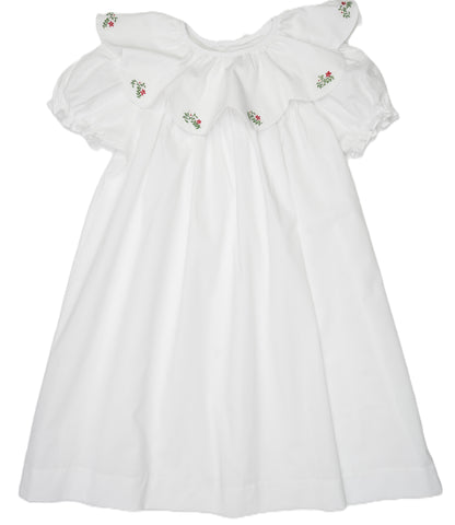 White Ruffled Collar Dress Accented With Delicate Red & Green Floral Embroidery