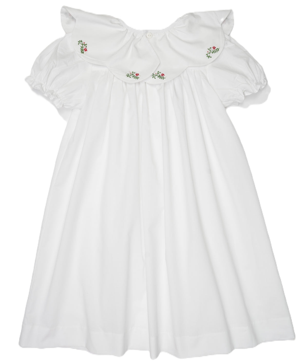 White Ruffled Collar Dress Accented With Delicate Red & Green Floral Embroidery