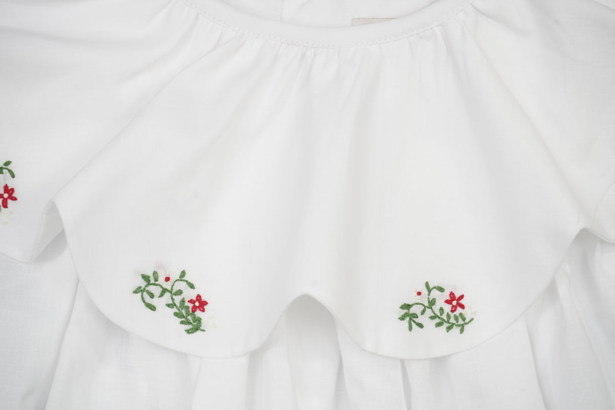 White Ruffled Collar Dress Accented With Delicate Red & Green Floral Embroidery