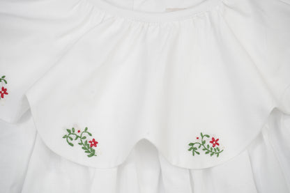 White Ruffled Collar Dress Accented With Delicate Red & Green Floral Embroidery