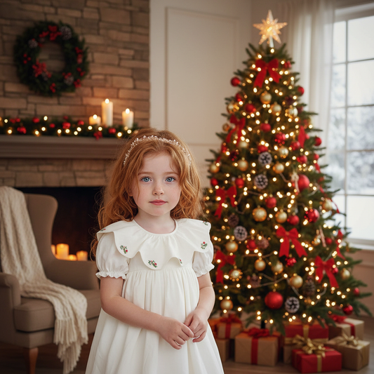 White Ruffled Collar Dress Accented With Delicate Red & Green Floral Embroidery