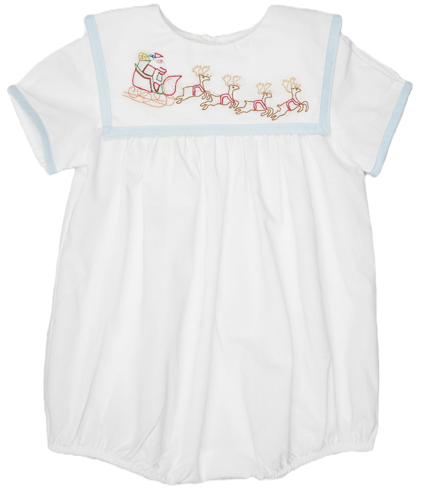 Boy White Christmas Bubble Featuring Blue Trimmed Sailor Collar & Delicate Santa and Reindeer Embroidery