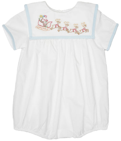 Boy White Christmas Bubble Featuring Blue Trimmed Sailor Collar & Delicate Santa and Reindeer Embroidery