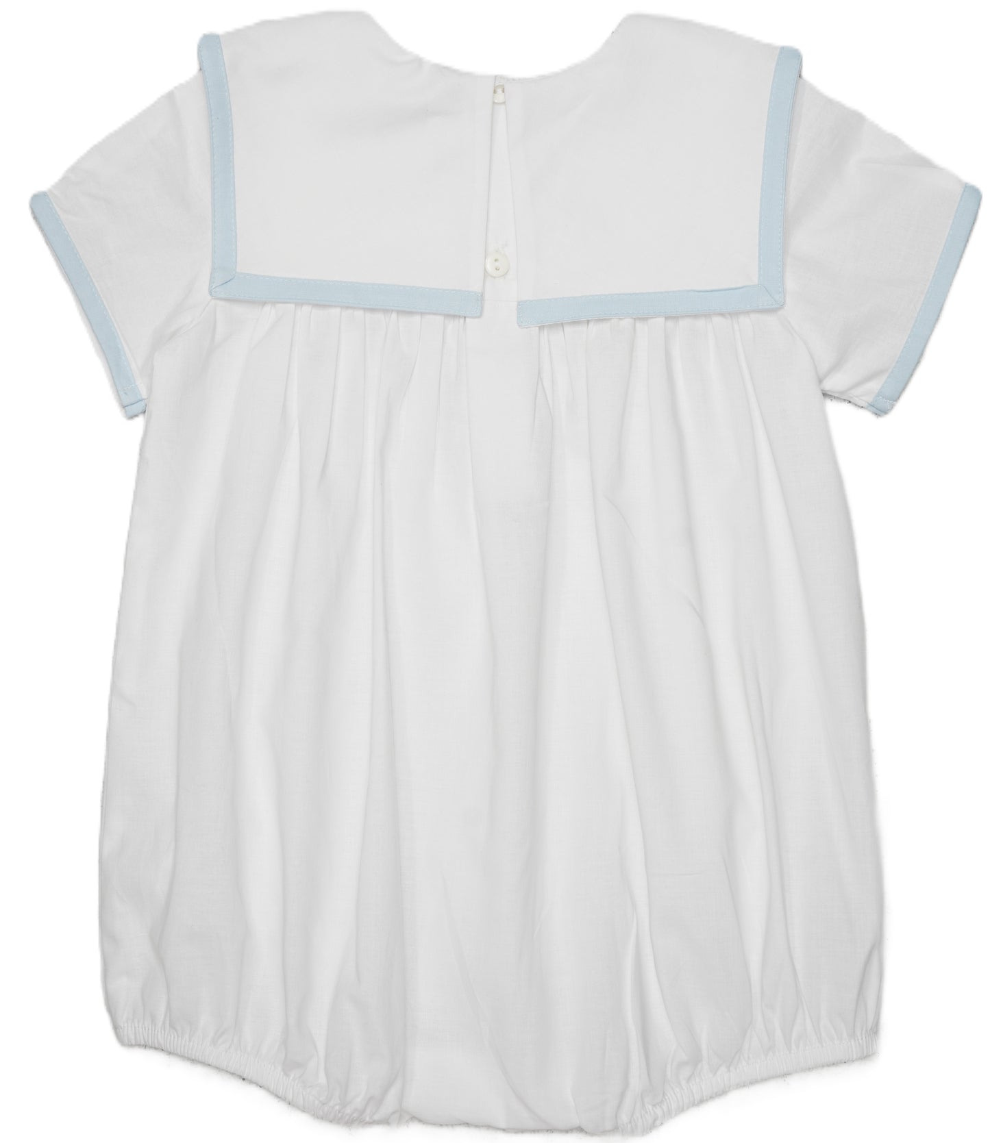 Boy White Christmas Bubble Featuring Blue Trimmed Sailor Collar & Delicate Santa and Reindeer Embroidery