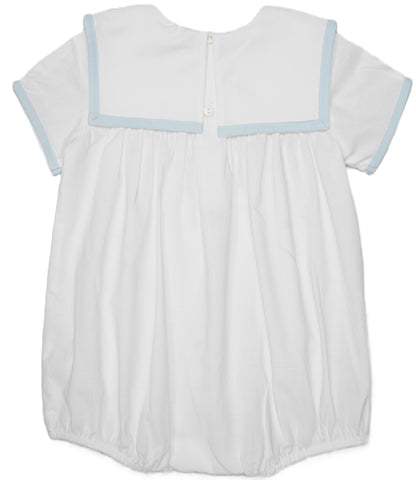 Boy White Christmas Bubble Featuring Blue Trimmed Sailor Collar & Delicate Santa and Reindeer Embroidery