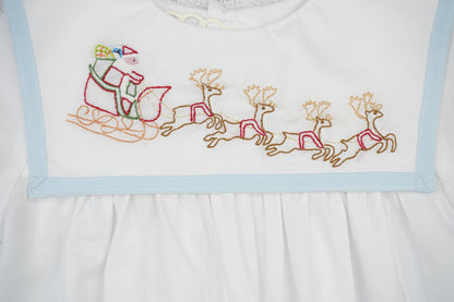Boy White Christmas Bubble Featuring Blue Trimmed Sailor Collar & Delicate Santa and Reindeer Embroidery