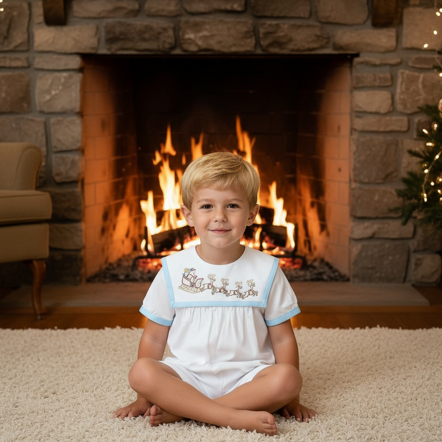 Boy White Christmas Bubble Featuring Blue Trimmed Sailor Collar & Delicate Santa and Reindeer Embroidery