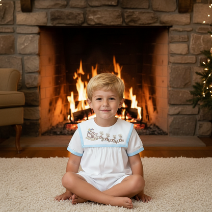 Boy White Christmas Bubble Featuring Blue Trimmed Sailor Collar & Delicate Santa and Reindeer Embroidery