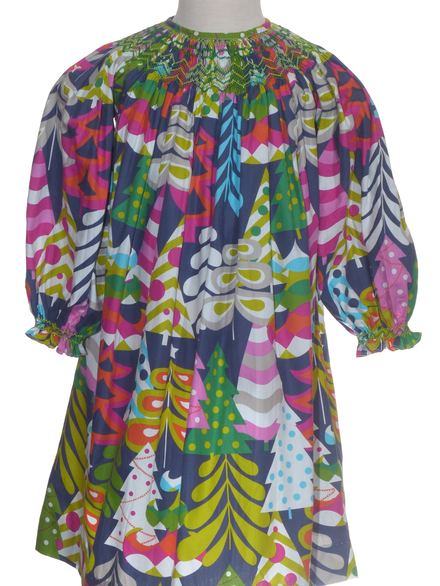 Multicolor Christmas Tree Print Geometric Smocked Long Sleeve Bishop Dress