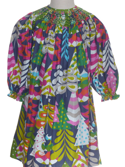 Multicolor Christmas Tree Print Geometric Smocked Long Sleeve Bishop Dress