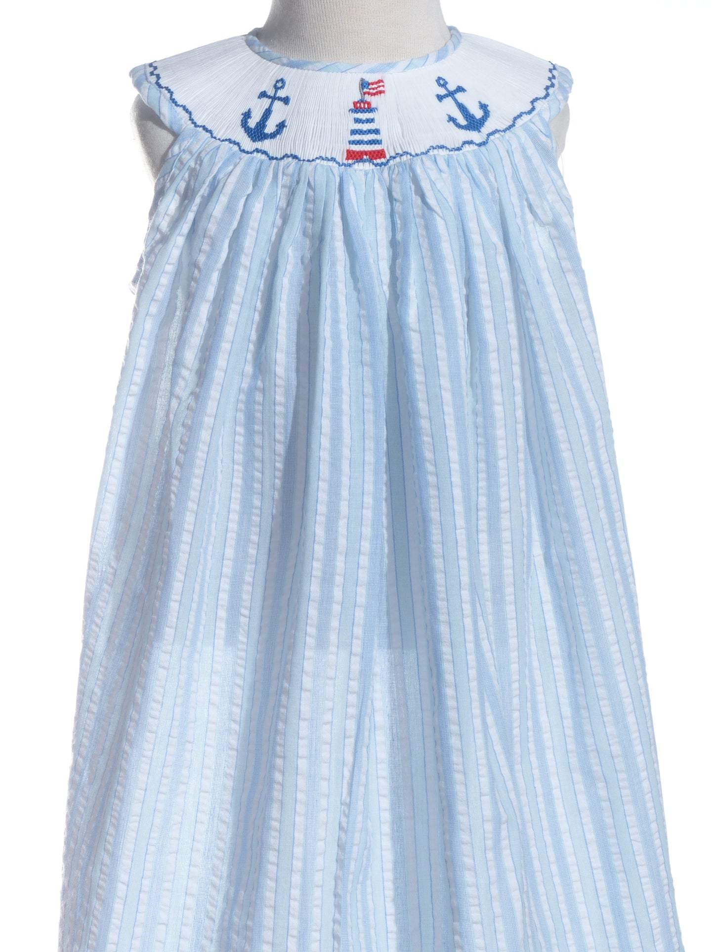 Blue Striped Seersucker ANCHOR Smocked Sleeveless Dress