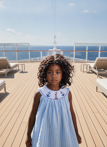 Blue Striped Seersucker ANCHOR Smocked Sleeveless Dress