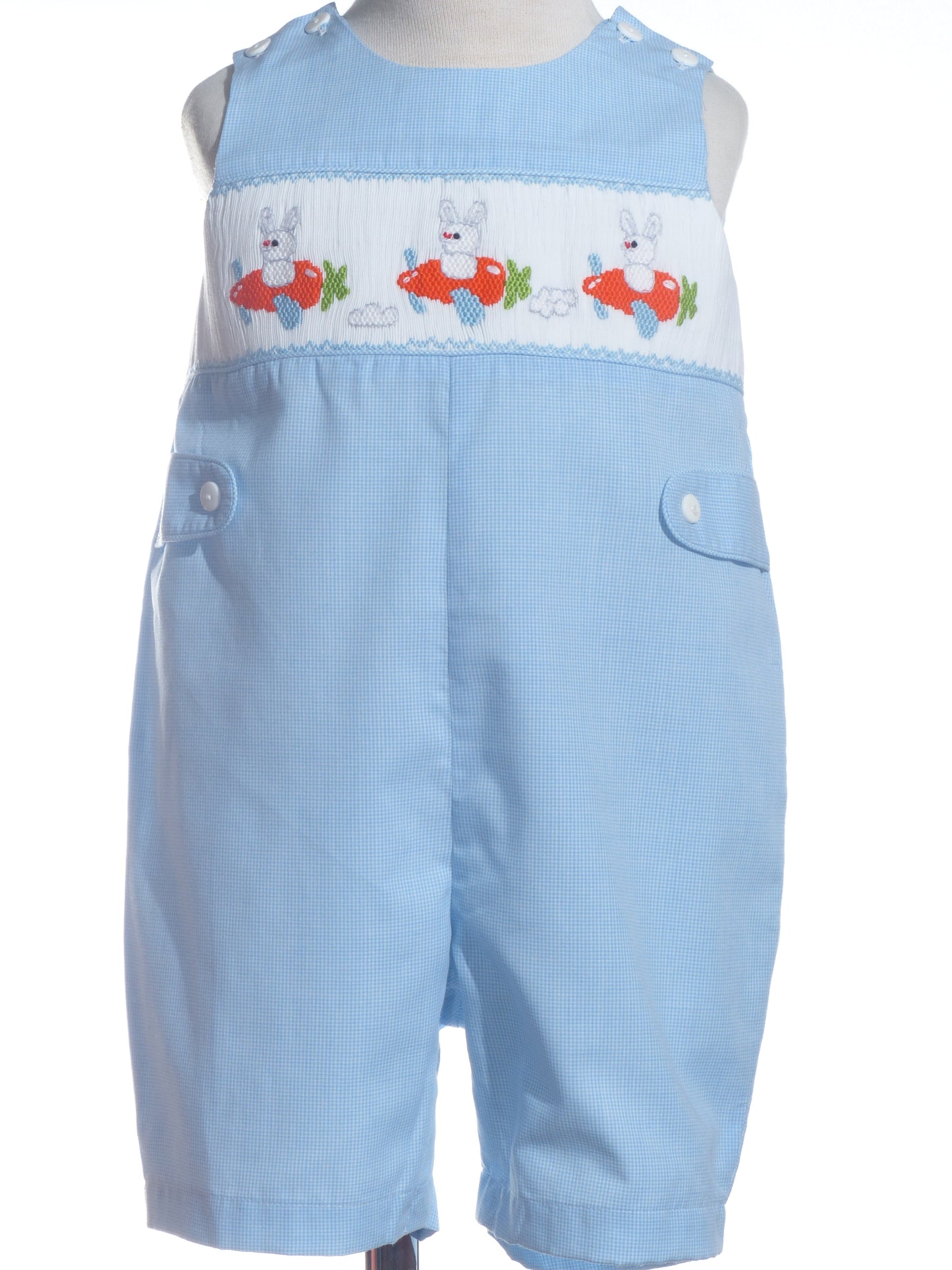 Light Blue Bunny Smocked Shortall