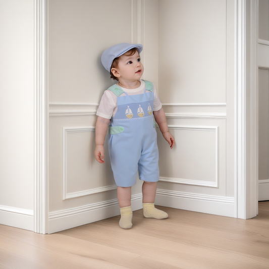 Blue Gingham Sailboats Smocked Boy Overall