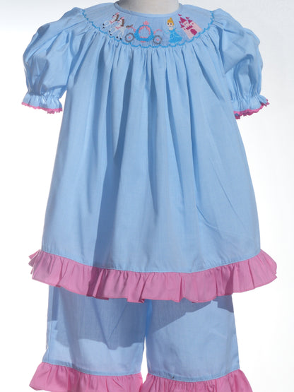 Light Blue Gingham Two-Piece CINDERELLA Smocked Short Sleeve Short Set