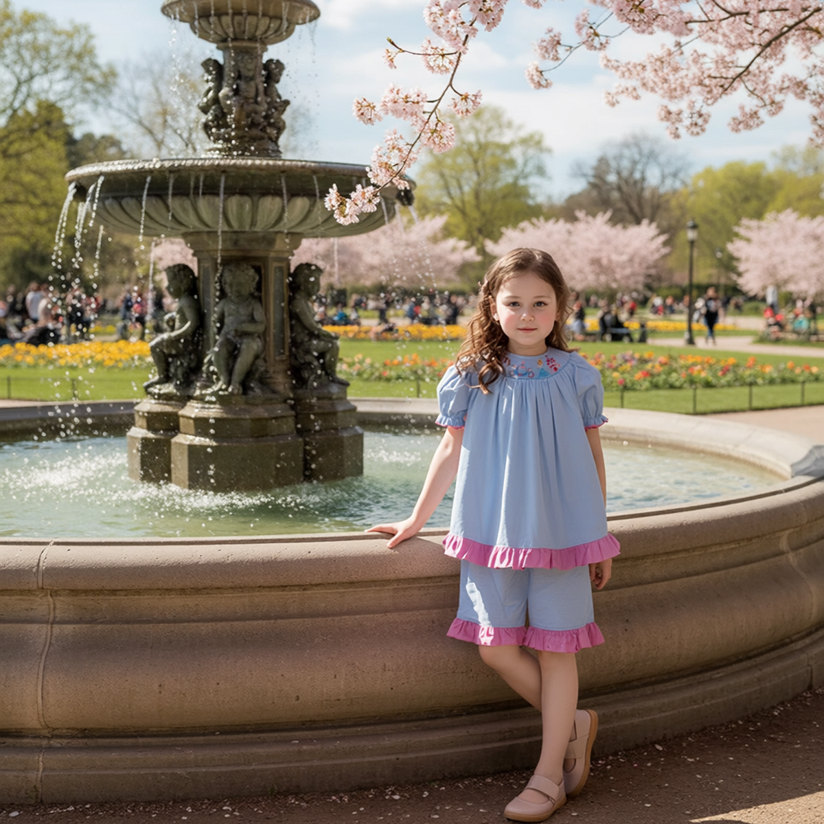 Light Blue Gingham Two-Piece CINDERELLA Smocked Short Sleeve Short Set