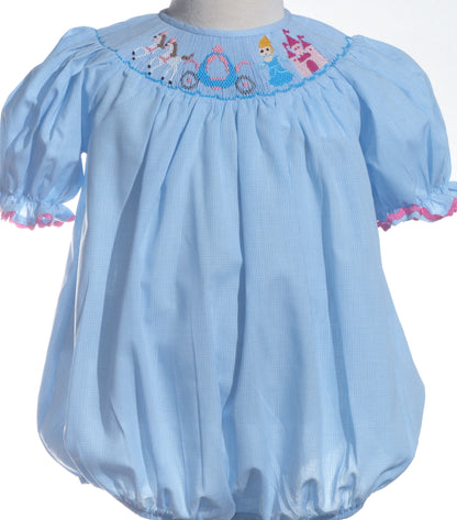 Light Blue Gingham CINDERELLA Smocked Short Sleeve Bubble