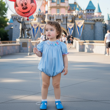 Light Blue Gingham CINDERELLA Smocked Short Sleeve Bubble