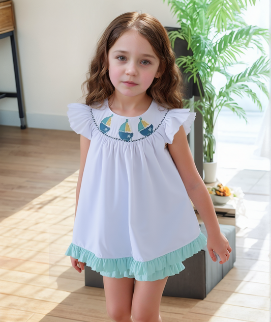 White Top Sailboat Smocked with Turquoise Ruffle Short Set