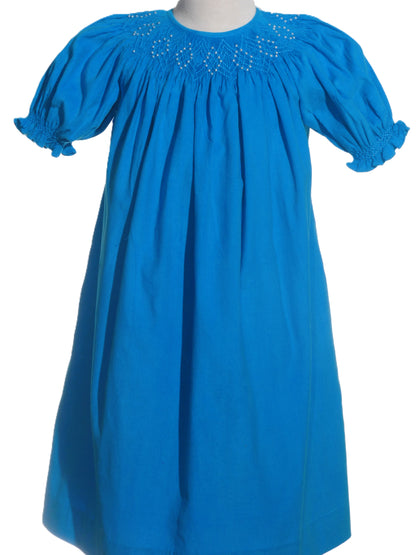 Blue Corduroy Smocked with Pearl Bishop Dress