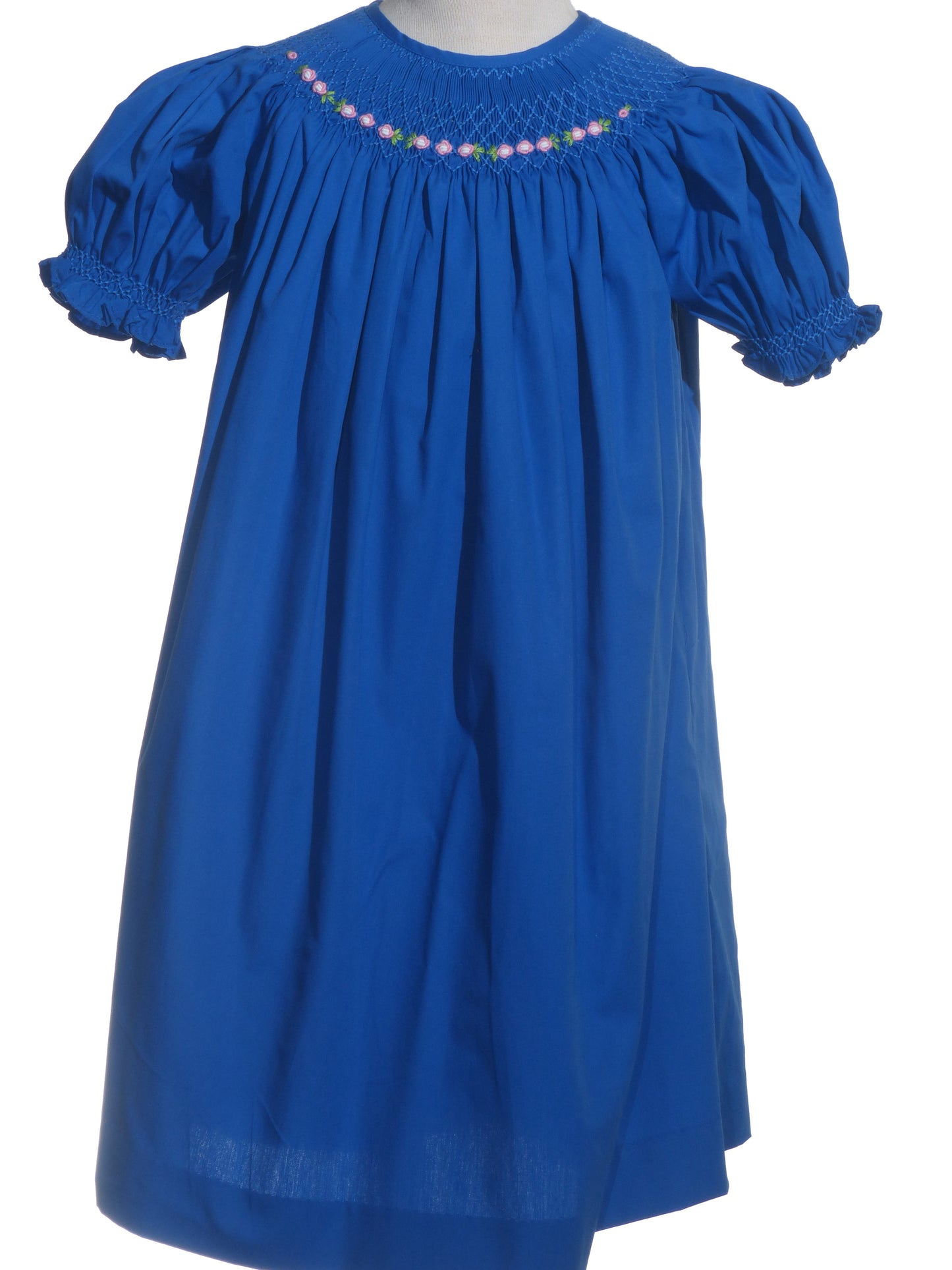 Blue Geometric Smocked With Florals Short Bishop Sleeve Dress