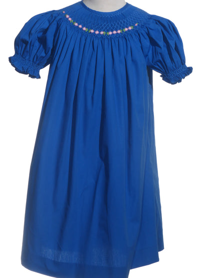 Blue Geometric Smocked With Florals Short Bishop Sleeve Dress