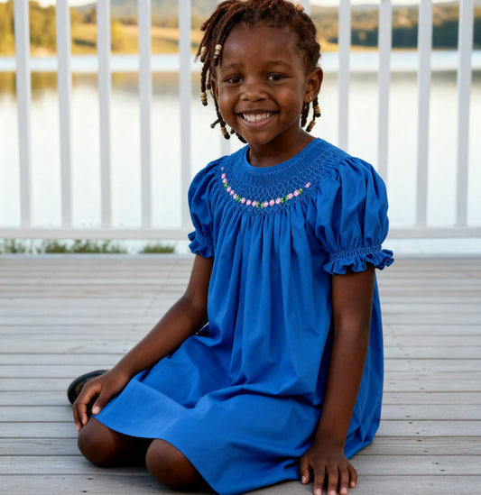 Blue Geometric Smocked With Florals Short Bishop Sleeve Dress