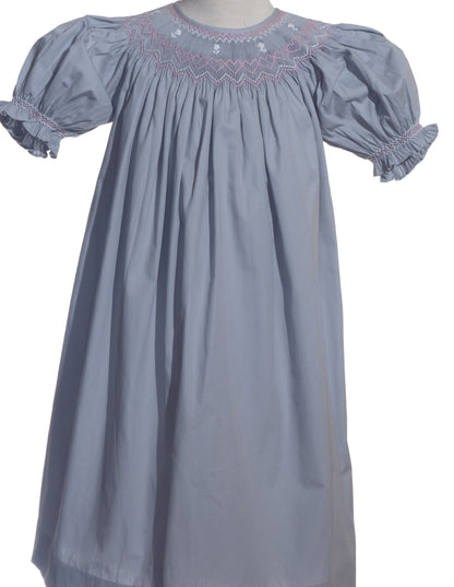 Grey Geometric Smocked Short Bishop Sleeve Dress Featuring Floral Embroidered