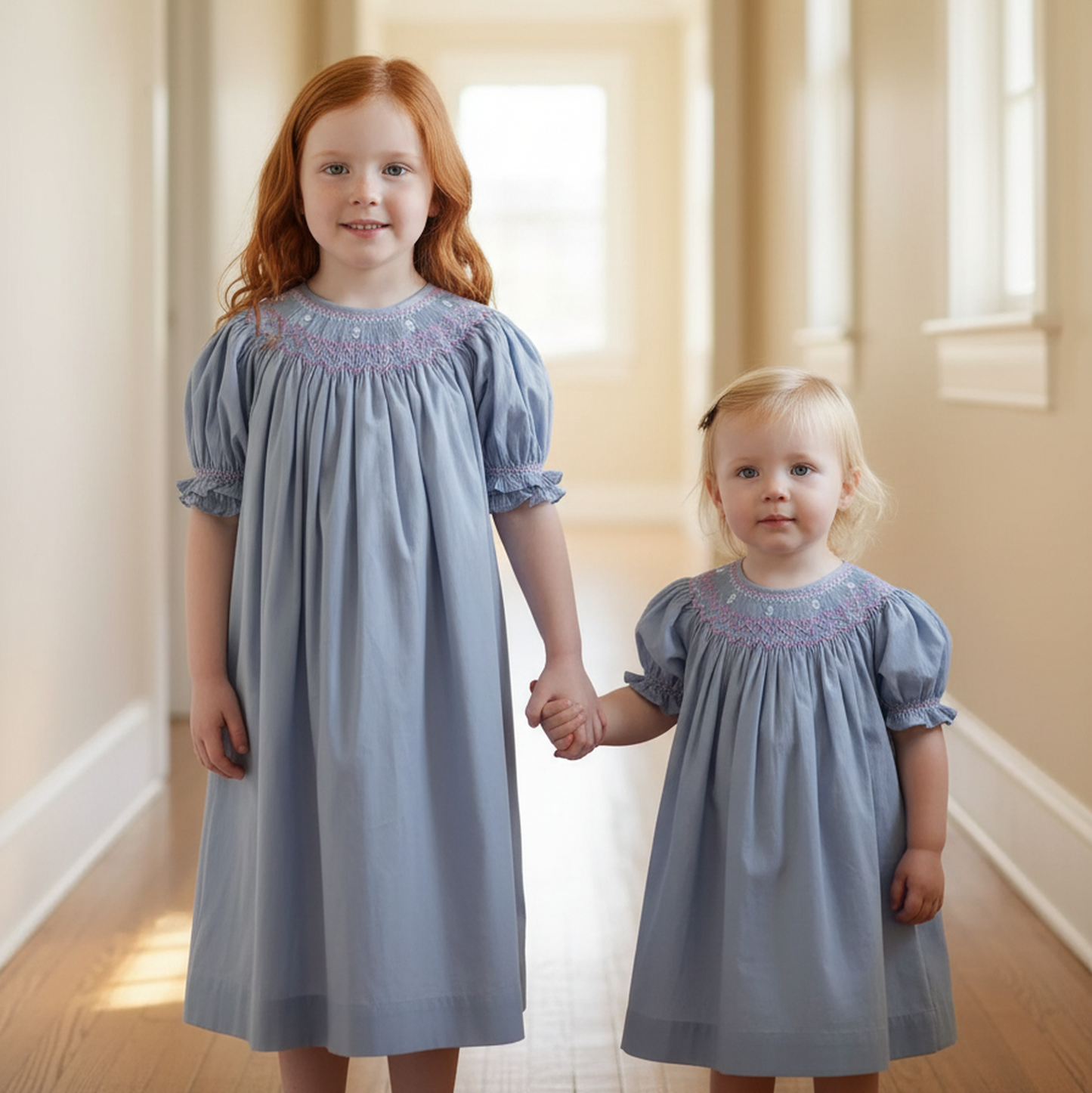 Grey Geometric Smocked Short Bishop Sleeve Dress Featuring Floral Embroidered