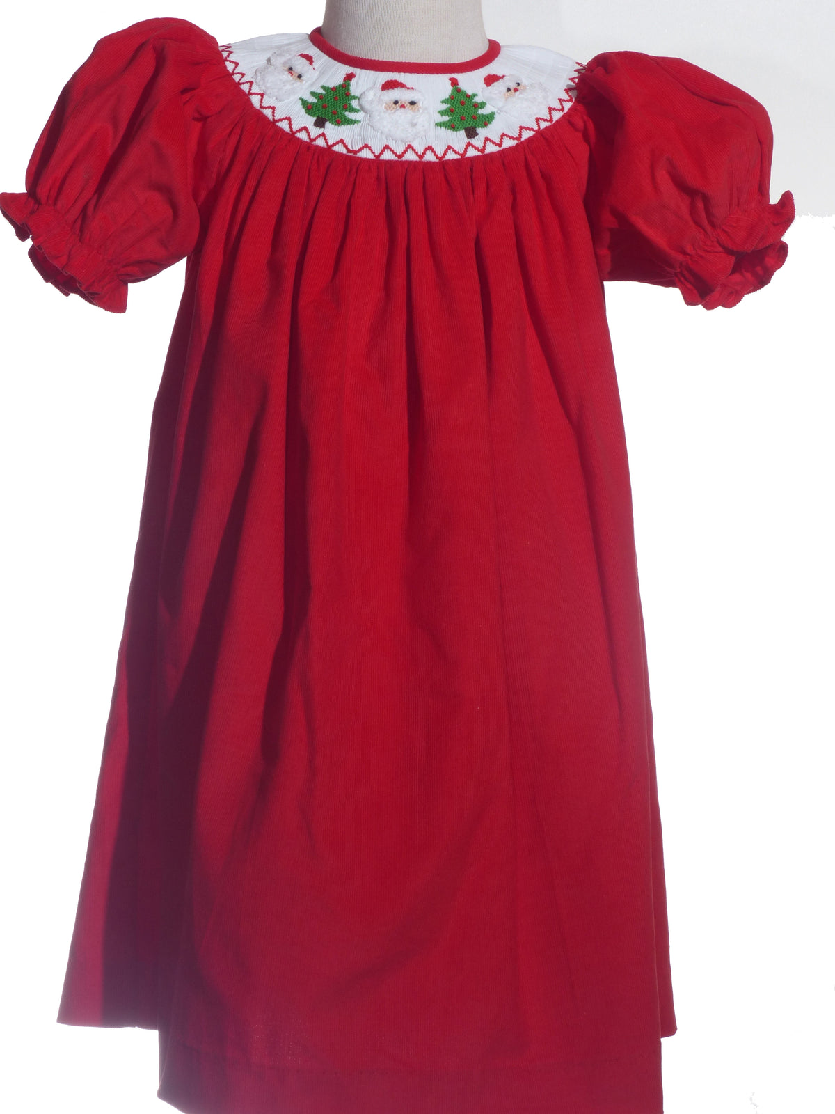 Red Corduroy Santa & Christmas Tree Smocked Short Sleeve Bishop Dress