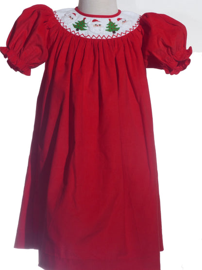 Red Corduroy Santa & Christmas Tree Smocked Short Sleeve Bishop Dress