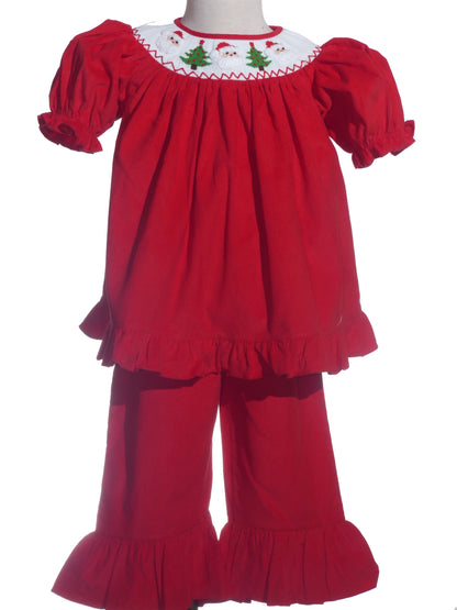 Red Corduroy Santa & Christmas Tree Smocked Pant Set