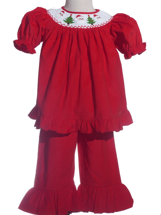 Red Corduroy Santa & Christmas Tree Smocked Pant Set