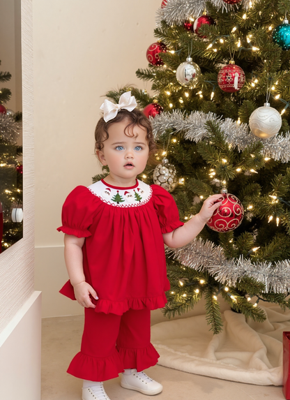 Red Corduroy Santa & Christmas Tree Smocked Pant Set