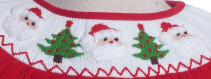 Red Corduroy Santa & Christmas Tree Smocked Short Sleeve Bishop Dress