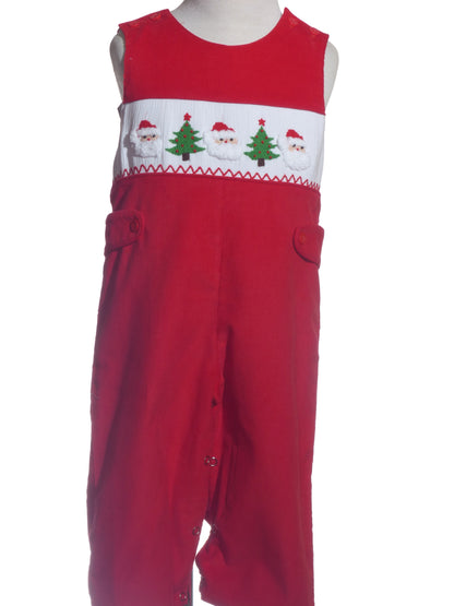 Red Corduroy Santa & Christmas Tree Smocked Boy Long Overall