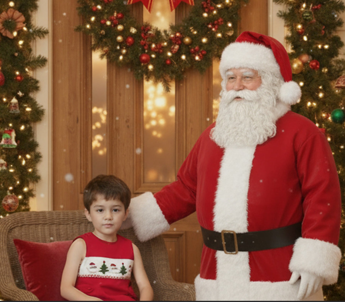 Red Corduroy Santa & Christmas Tree Smocked Boy Long Overall