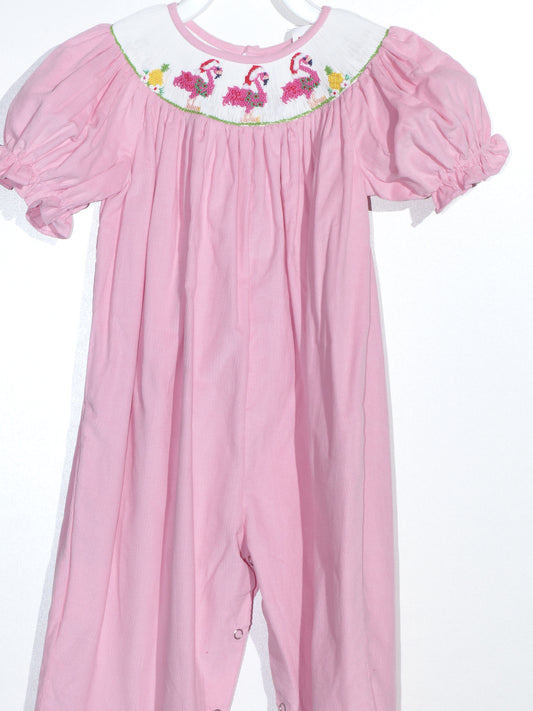Pink Corduroy Flamingo Smocked Long Bubble