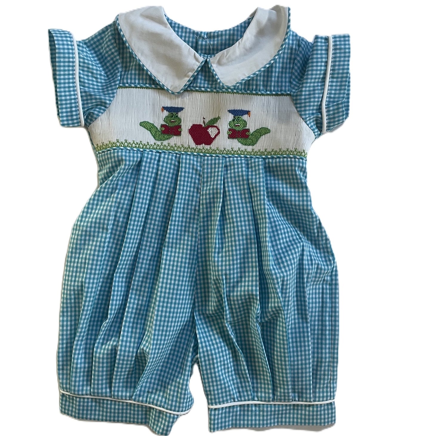 Blue Gingham Peter Pan Collar Bubble Featuring CATERPILLAR Hand-Smocked
