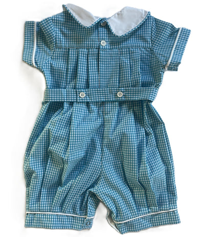 Blue Gingham Peter Pan Collar Bubble Featuring CATERPILLAR Hand-Smocked