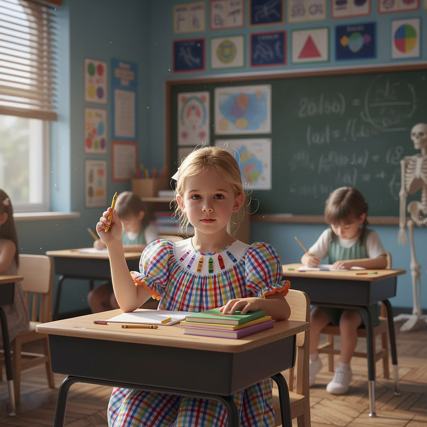 Multi Colors CRAYONS Smocked Short Bishop Sleeve Dress