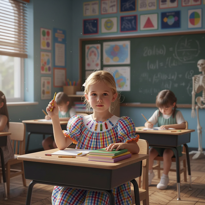 Multi Colors CRAYONS Smocked Short Bishop Sleeve Dress