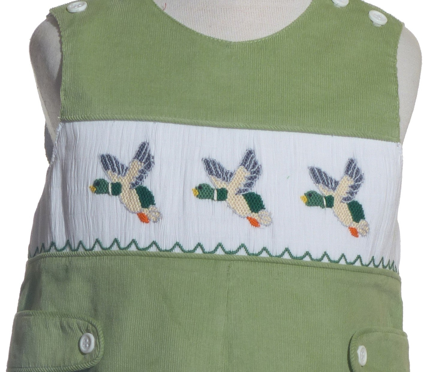 Sage Green Corduroy Mallard Smocked Boy Long Overall