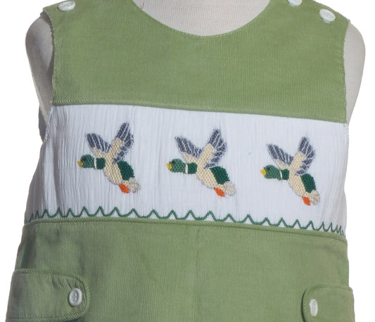 Sage Green Corduroy Mallard Smocked Boy Long Overall
