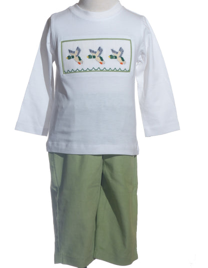 Green Boy Pant & White Long Sleeve Knit Shirt featuring MALLARD DUCK Hand-Smocked (Copy)