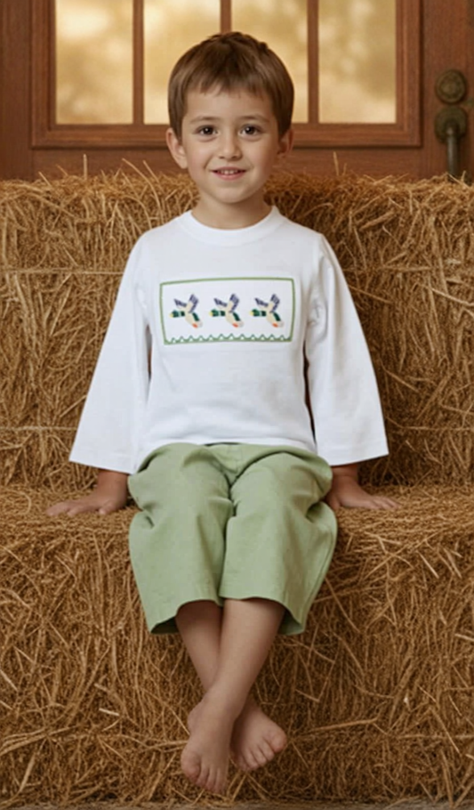 Green Boy Pant & White Long Sleeve Knit Shirt featuring MALLARD DUCK Hand-Smocked (Copy)