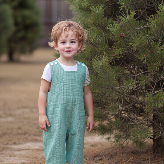 Green Gingham Boy Long Overall Monogramable