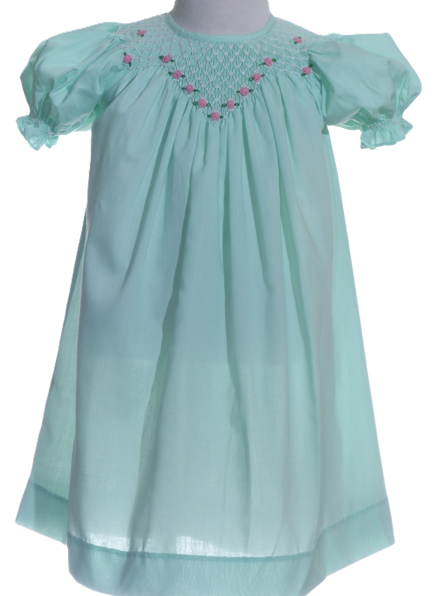 Turquise Geo Smocked With Roses Short Sleeve Bishop Dress