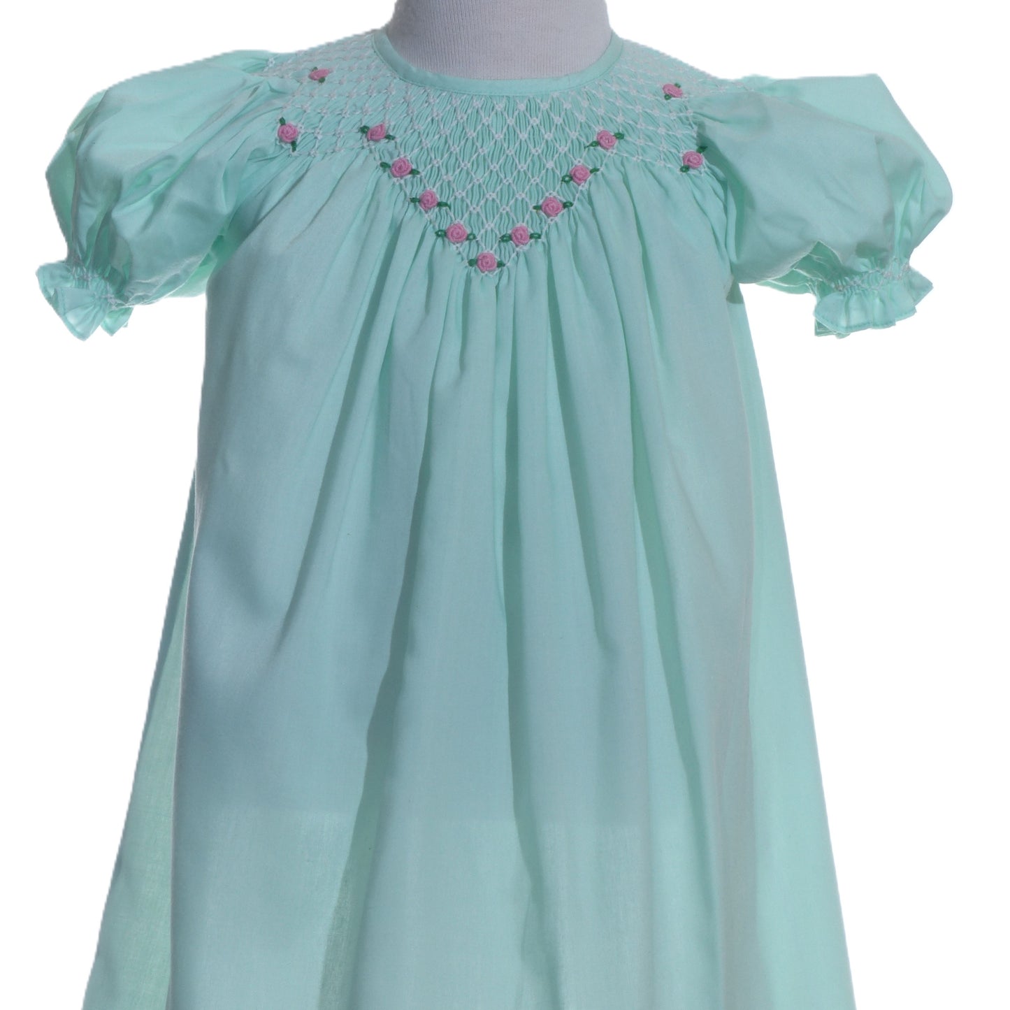 Turquise Geo Smocked With Roses Short Sleeve Bishop Dress