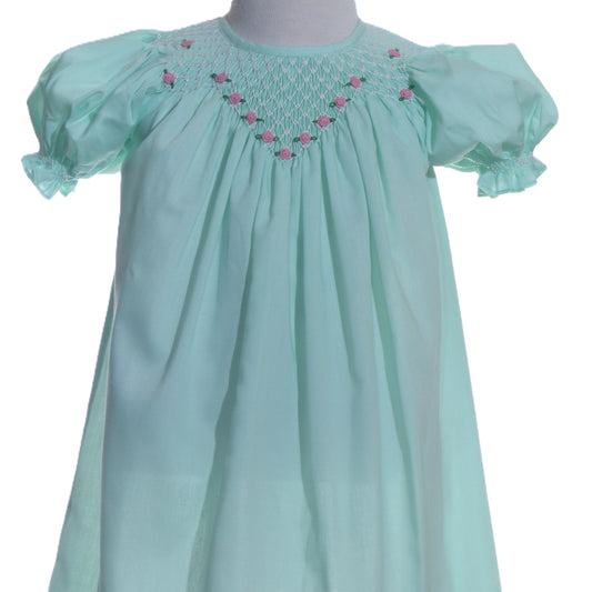 Turquise Geo Smocked With Roses Short Sleeve Bishop Dress
